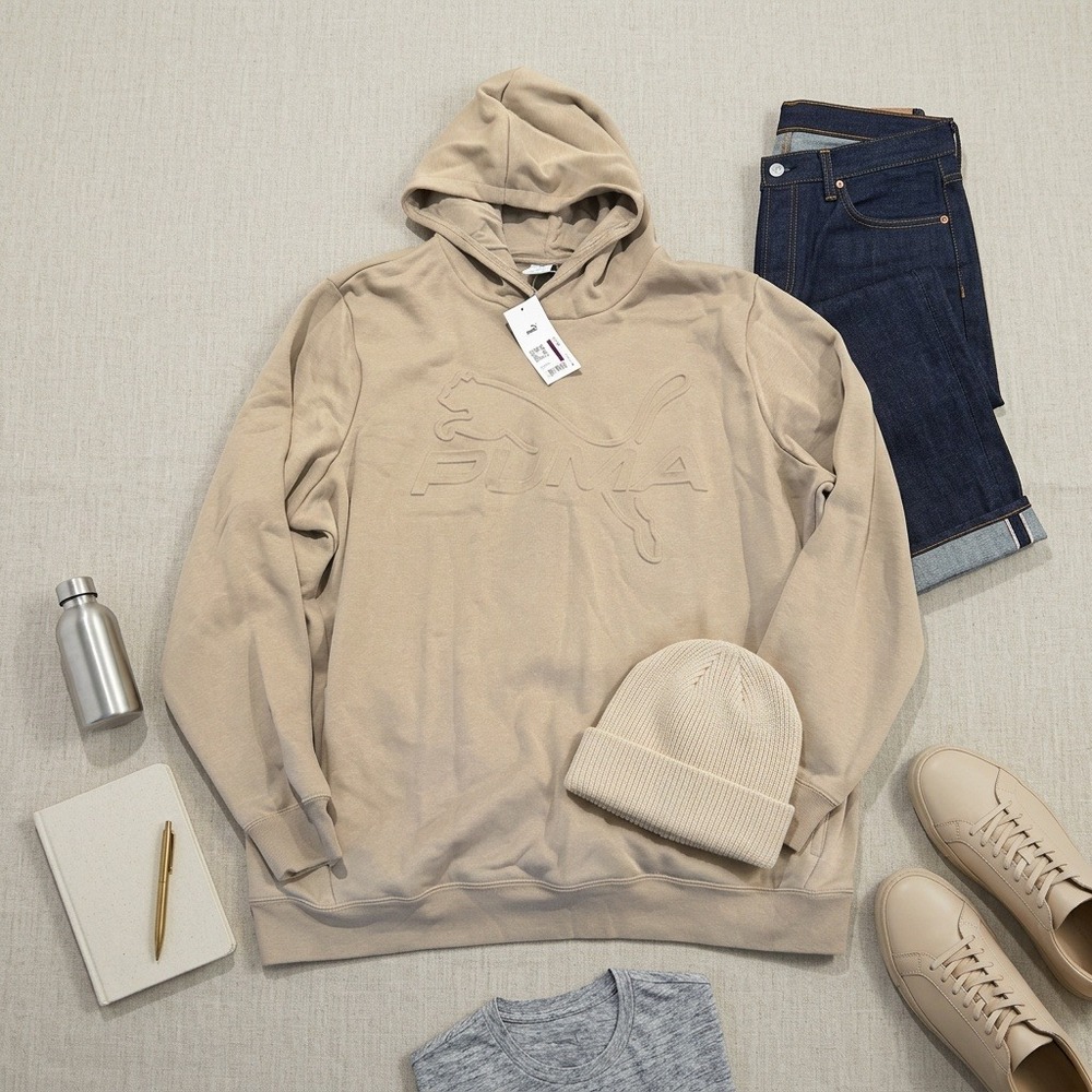 NWT PUMA Essentials Embossed Pullover Hoodie Ice Coffee Beige Men XXL 690423-55